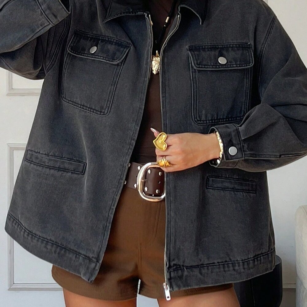 Grey Casual Women's Loose Long Sleeve Lapel Pocket Street Cowboy Jacket - Picture 8 of 8